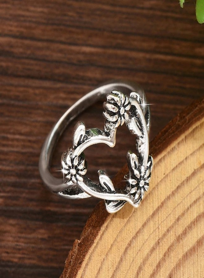 BlingNook Silver Rings For Women, Retro Flower Heart Ring Stackable Trendy Floral Engagement Elegant Statement Wedding Birthday Jewelry Gift (Retro Silver, 7) - Image 4